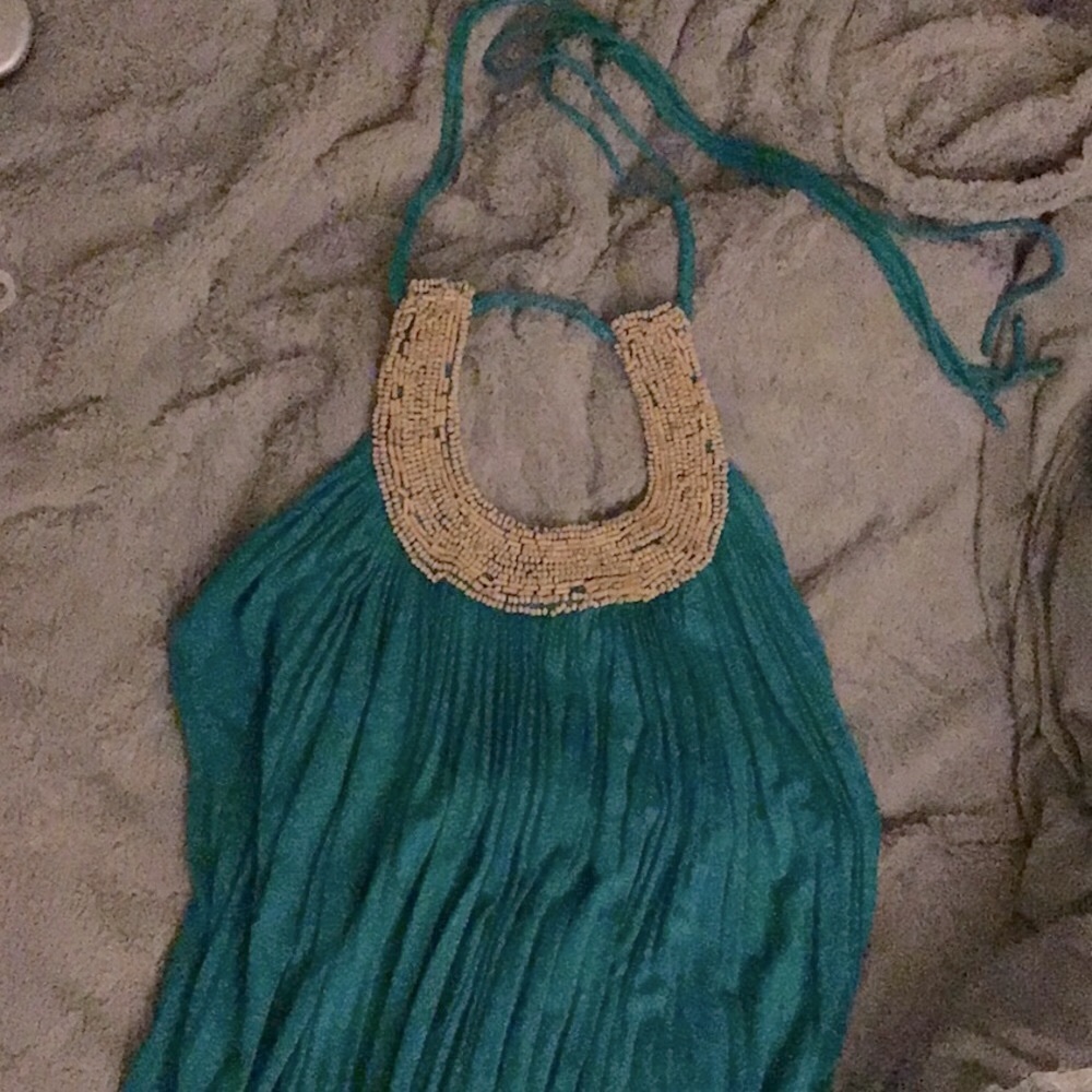 Turquoise beaded halter-top maxi dress